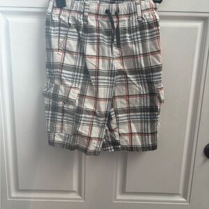 Gymboree Plaid Cargo Shorts in White, Blue & Brown with Red Accent